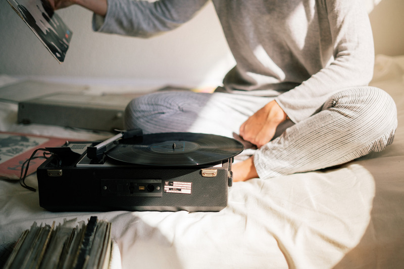 record player gray sweater chill